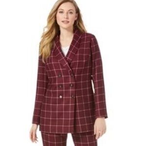 Jessica London pink and red checkered plaid double breasted blazer fall casual